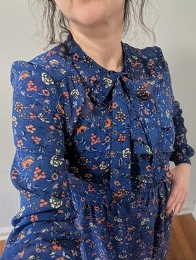 Navy Floral Tie-Neck Long Sleeve Dress